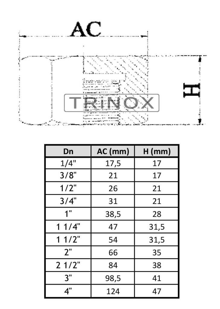 Таблица с размерами: заглушка резьбовая нержавеющая